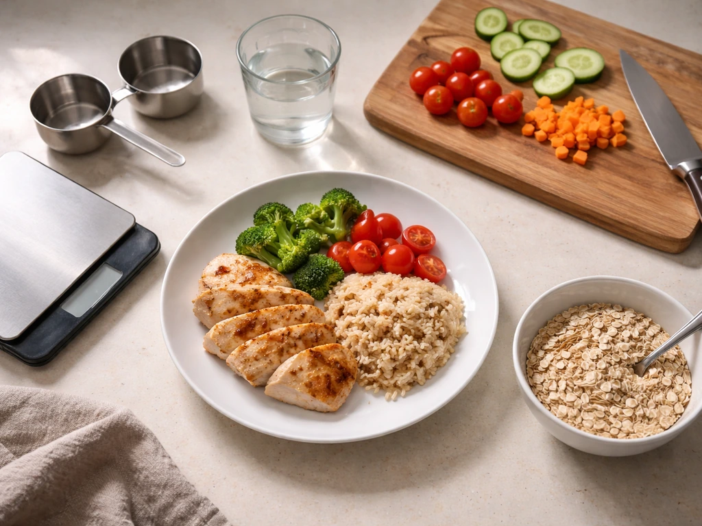 Minimal meal-prep plate with lean protein, measured carbs, and ingredients on a kitchen counter.