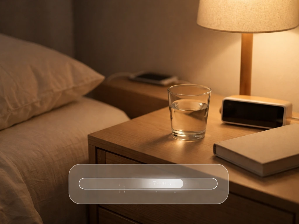 Cozy bedside scene with phone charging out of reach and a simple glowing sleep tracker overlay