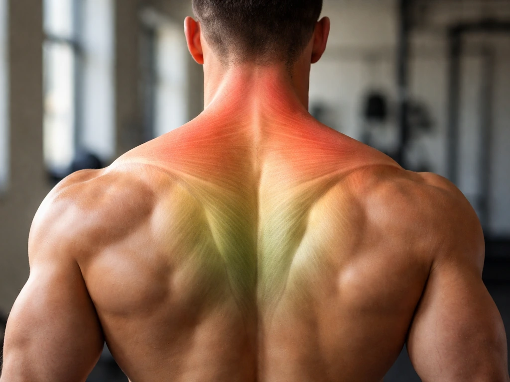 Realistic photo showing a model’s upper back and neck with highlighted trapezius regions across multiple areas.