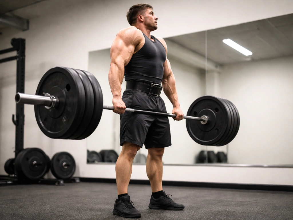 Lifter performing heavy trap-focused barbell shrugs in a minimal gym with plates nearby.