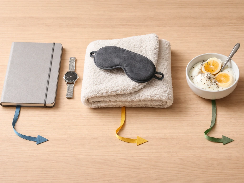 Minimal flat-lay of notebook, sleep mask, and protein food with subtle staged ribbons suggesting timelines.