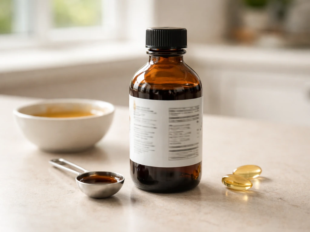 Amber supplement syrup bottle with a measuring spoon on a kitchen counter, with a few capsules nearby.