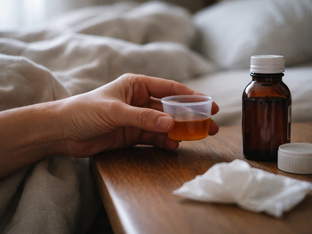 Hand holding a measuring cup beside a medicine bottle on a bedside table, hinting at drowsiness and upset.