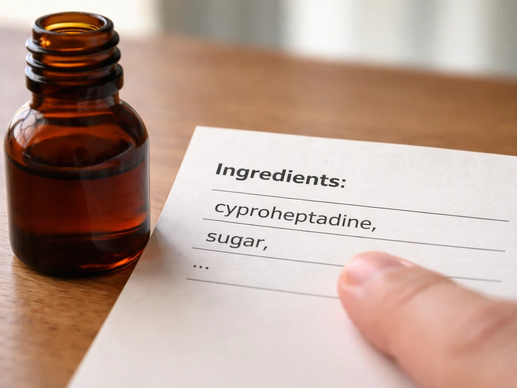 Macro view of a syrup bottle beside an ingredient list paper, with a finger pointing at key items.