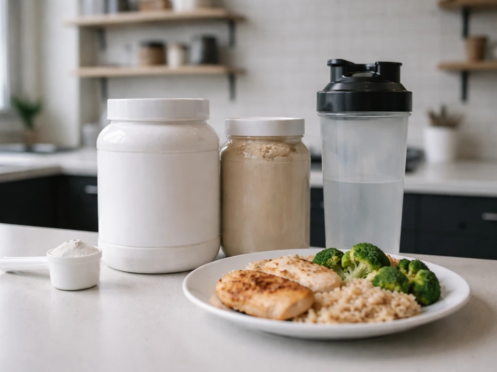 Creatine monohydrate jar and protein-rich meal on a clean gym kitchen counter, no labels or people.