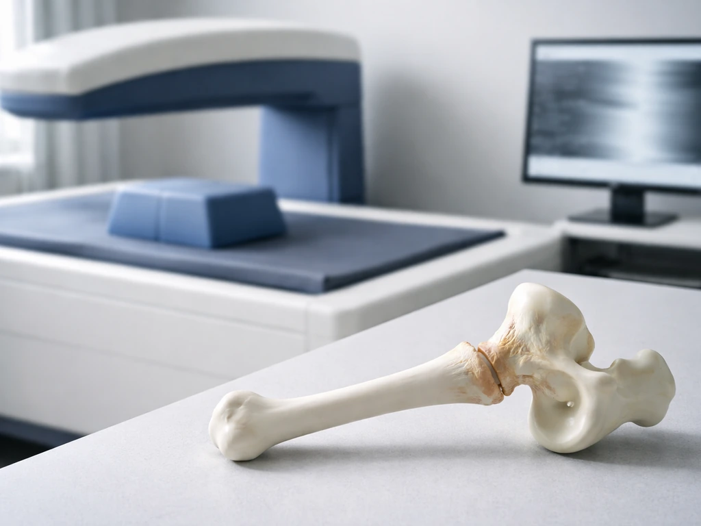 Close-up of a DEXA scan setup with a femur/hip model showing subtle bone density differences, no text.