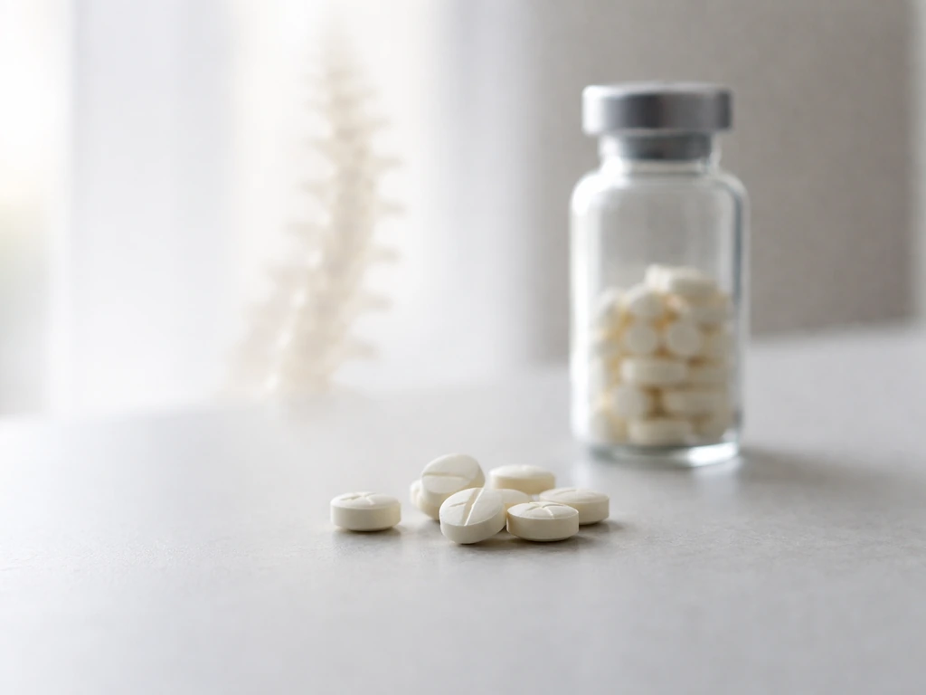 Prednisone tablets and a vial beside a blurred spine-like shape suggesting reduced bone density risk.