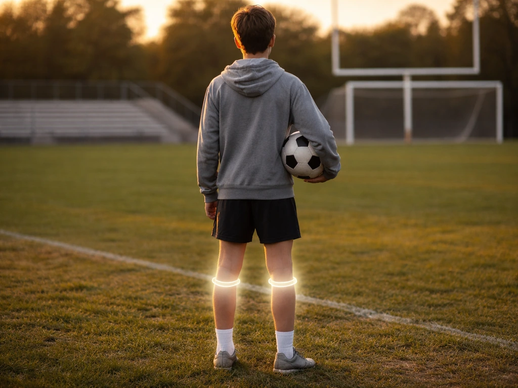 Teen athlete standing beside a blurred sports field, with subtle growth-plate concept overlay