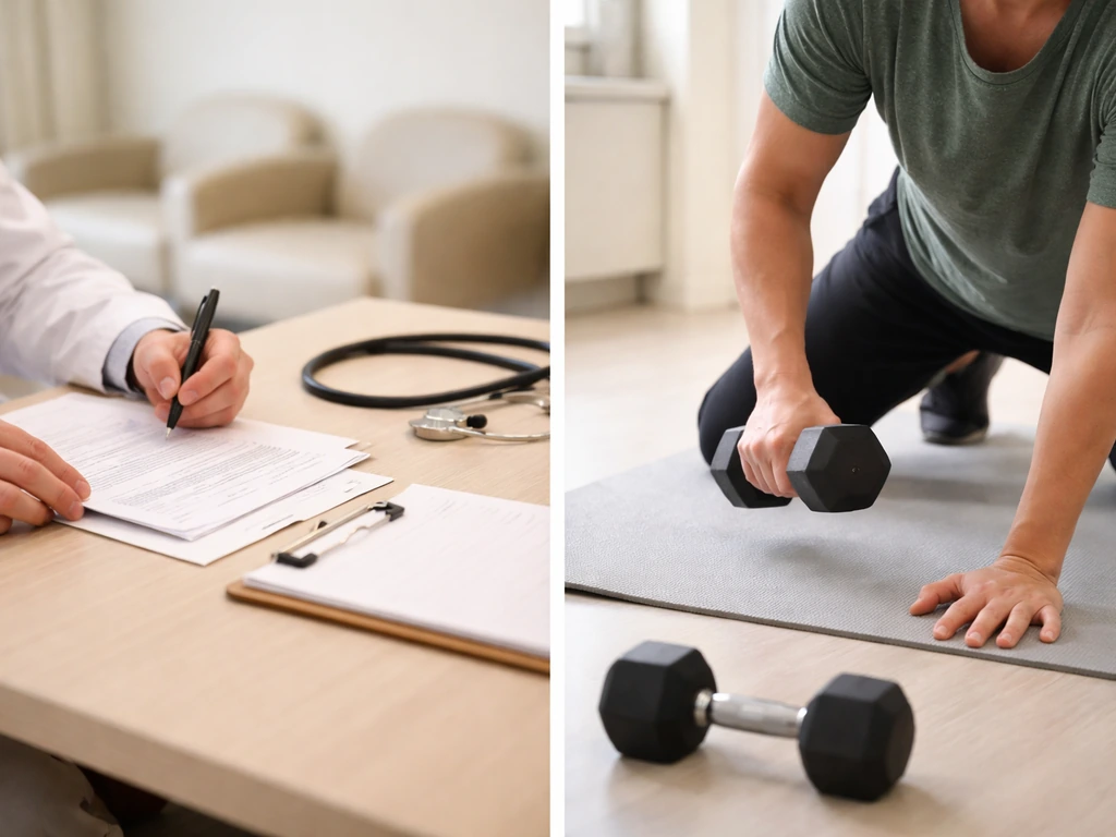 Clinician at a desk reviews lab results while a person does resistance training nearby, calm clinic setting.