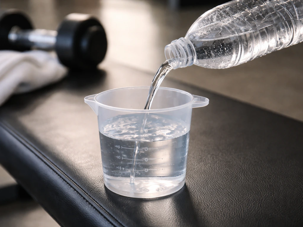 Water bottle being poured into a cup on a gym bench, showing a fresh post-workout hydration setup.