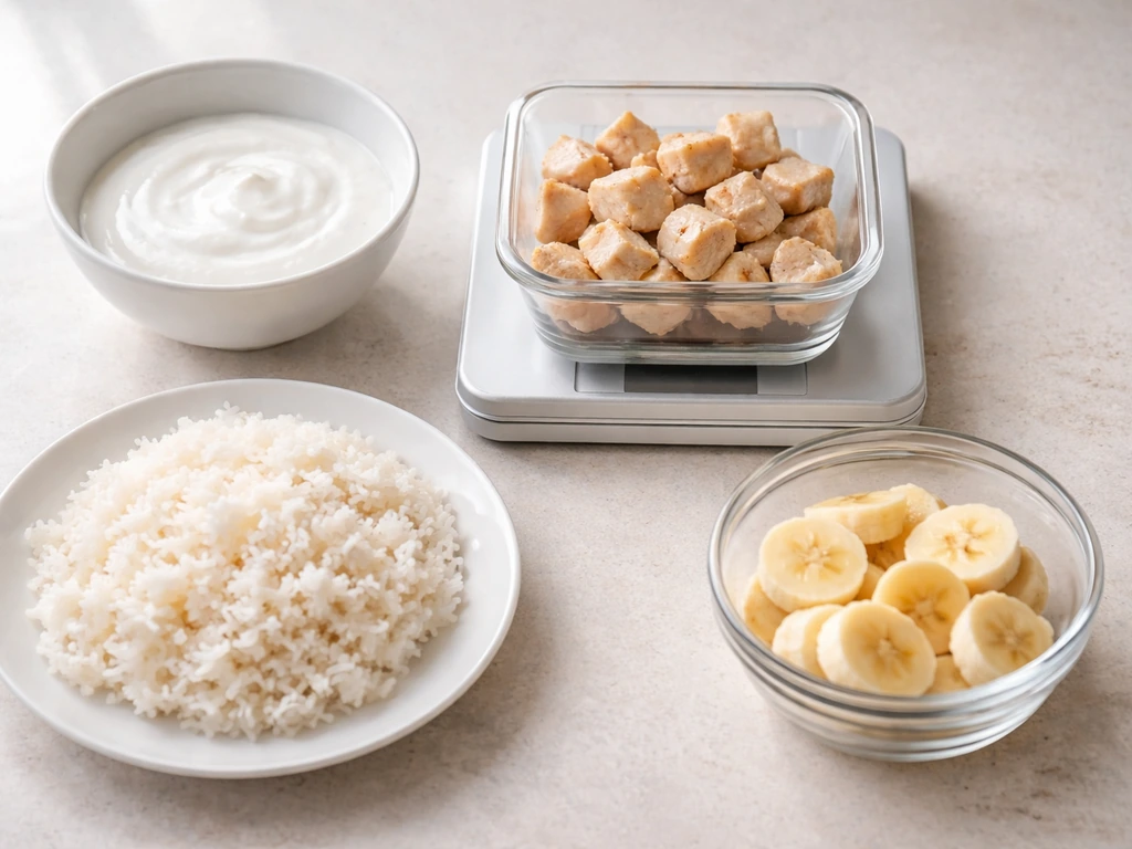 Top-down view of portioned post-workout foods on a kitchen counter with a small bowl of yogurt and measuring scale.