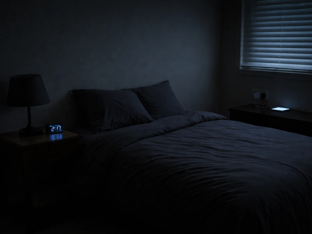 Dark bedroom with bed, faint alarm clock, and phone charging out of reach for better sleep.