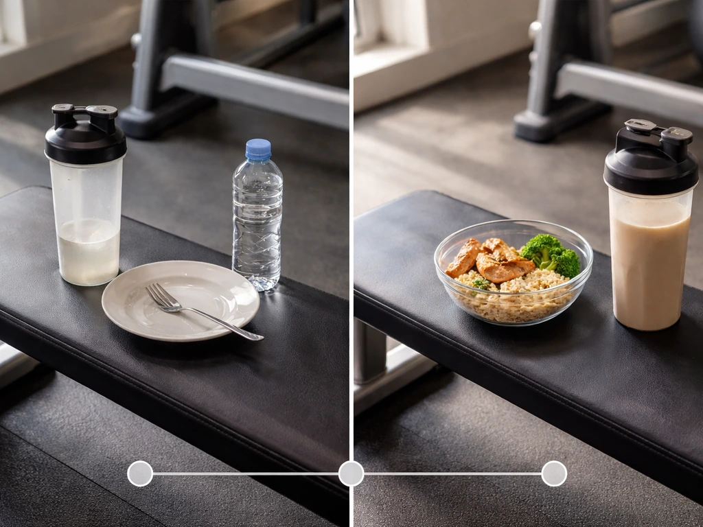 Split scene: messy post-workout plate with missed protein vs prepared protein meal with shake.