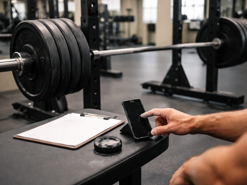 Hands near a phone timer by a loaded barbell in a rack, capturing a near-failure set moment.