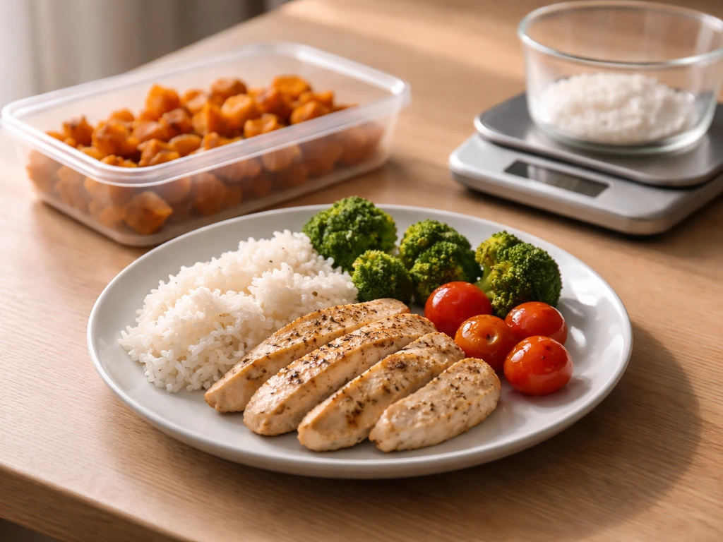 Minimal meal-prep plate with lean protein and carbs, shown as a calorie-surplus muscle-gain setup