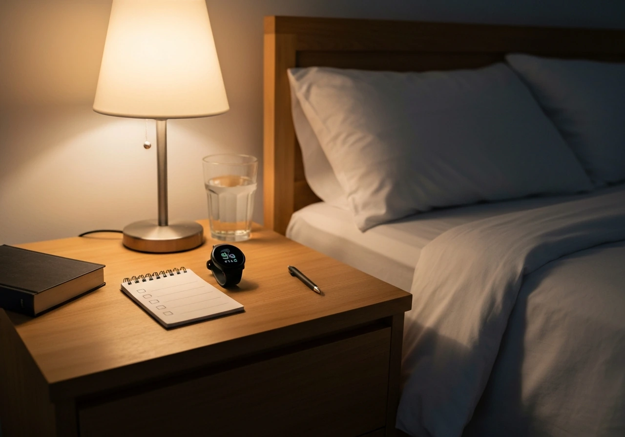 Nightstand with a smartwatch displaying sleep stats, a water glass, and calm bedroom lighting at night.