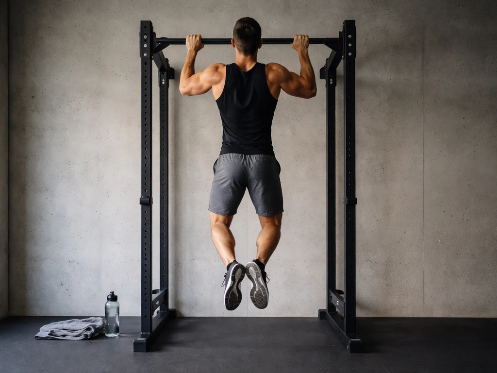 Person doing a simple pull-up in a quiet gym corner with a subtle towel and water bottle nearby