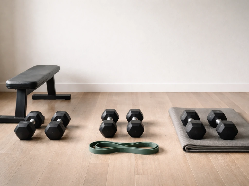 Home-gym dumbbells and resistance bands laid out in three grouped zones for a 7-day workout split.
