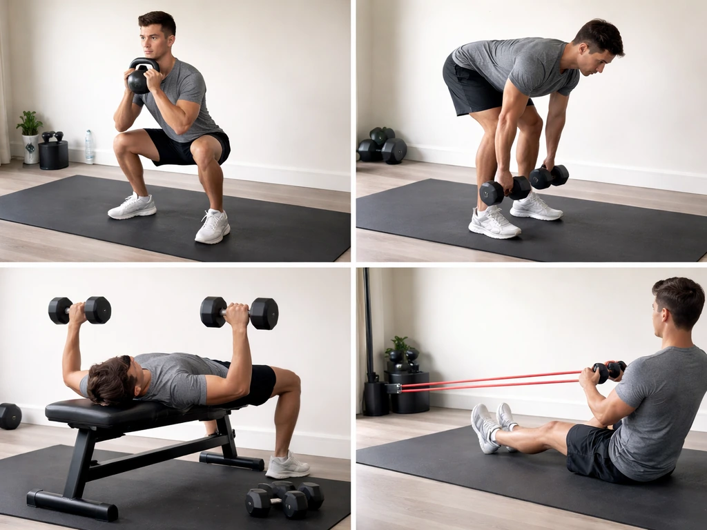 Four beginner exercise positions shown with basic equipment: goblet squat, RDL, dumbbell bench, and band-assisted row.