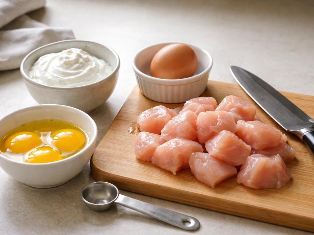 Close-up of chicken breast, Greek yogurt, and eggs on a kitchen counter with subtle portion tools.