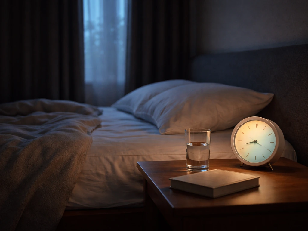 Minimal bedroom at night with a bedside alarm clock and sleep setup suggesting 7–9 hours.