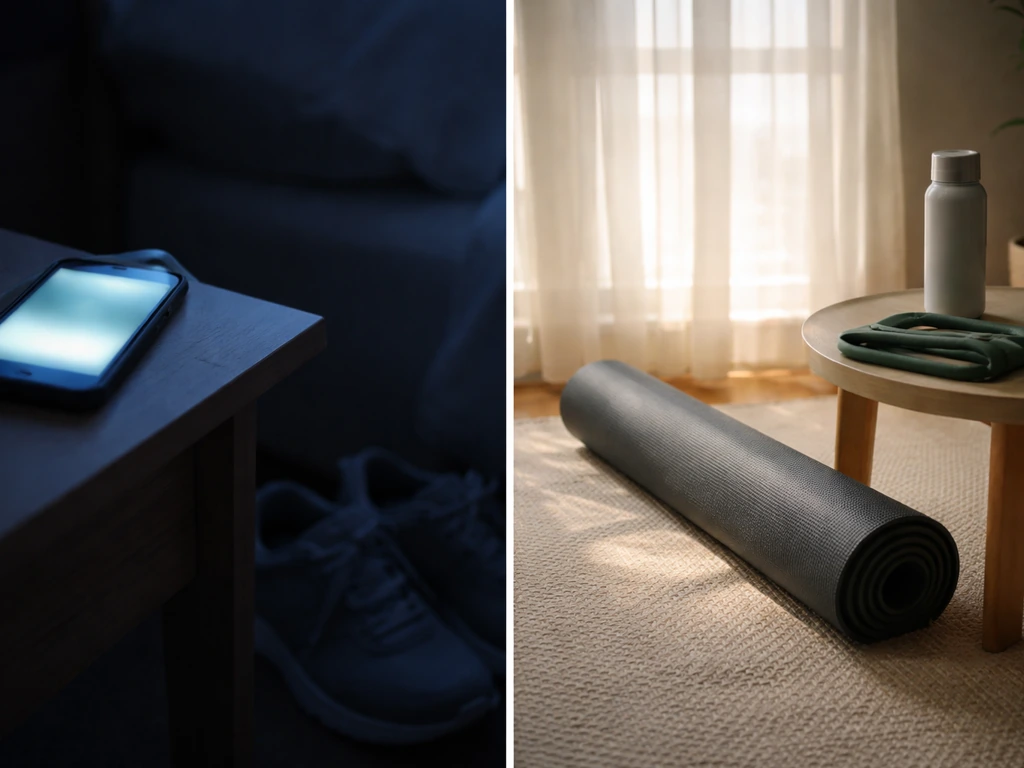 Split view: phone with late-night workout schedule beside a restful living-room scene with a no-intense-cardio feel.