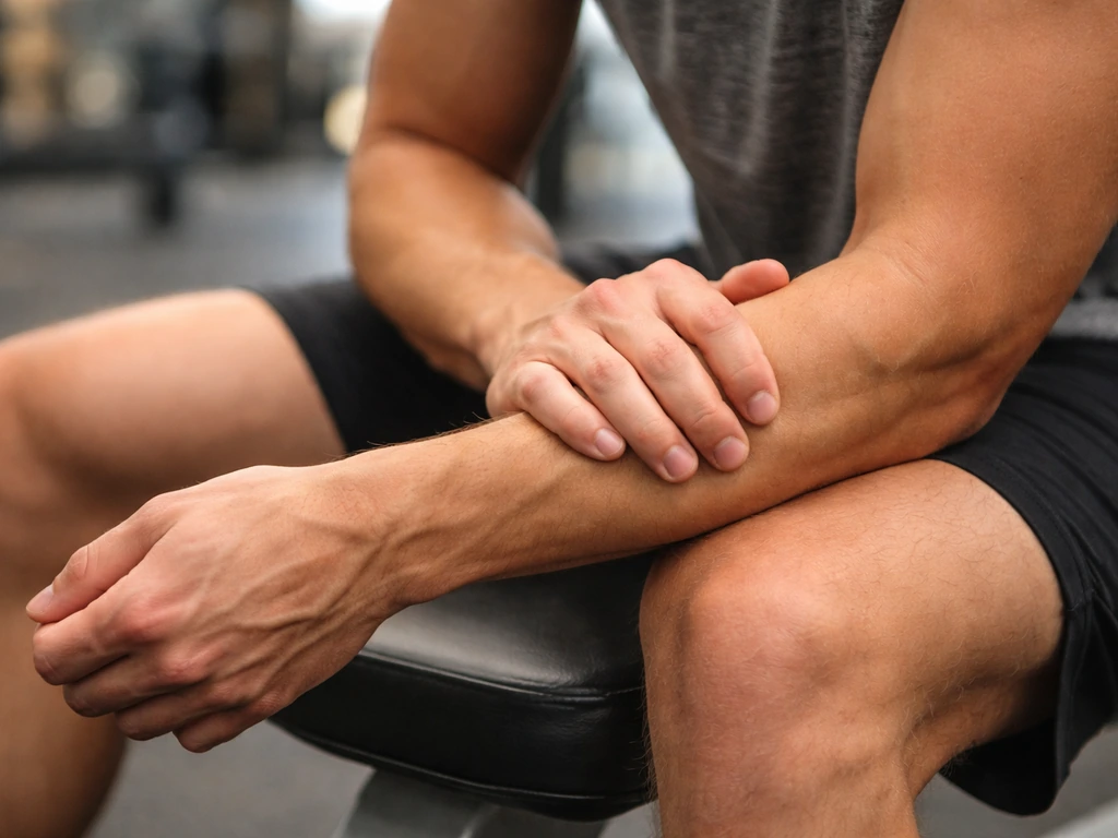 Close-up of an athletic forearm with a slight strain, resting on a bench in natural light.