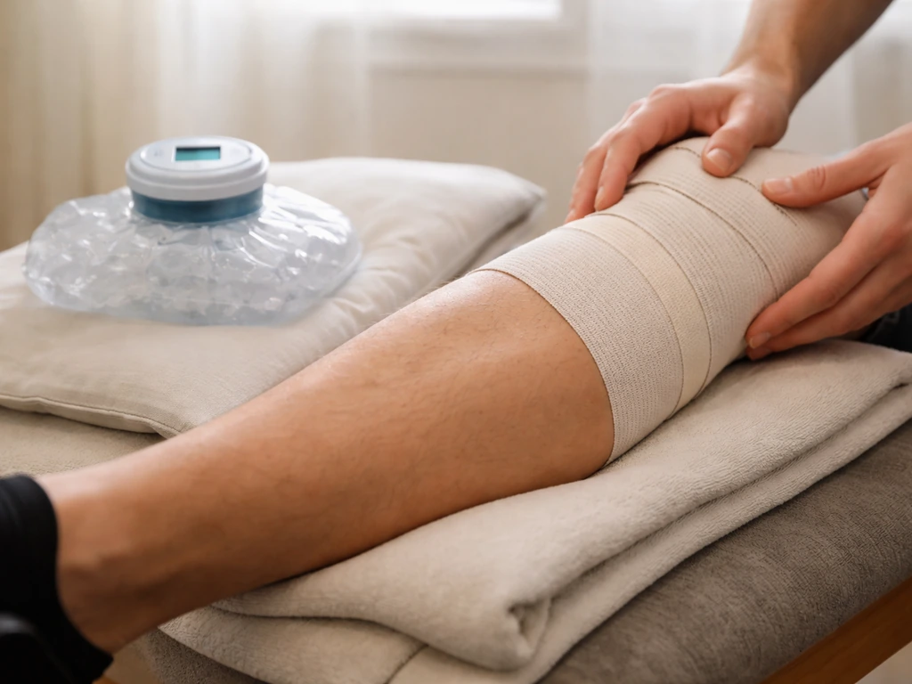 Clinician wraps a strained calf with compression while the elevated leg rests beside a timed ice pack.