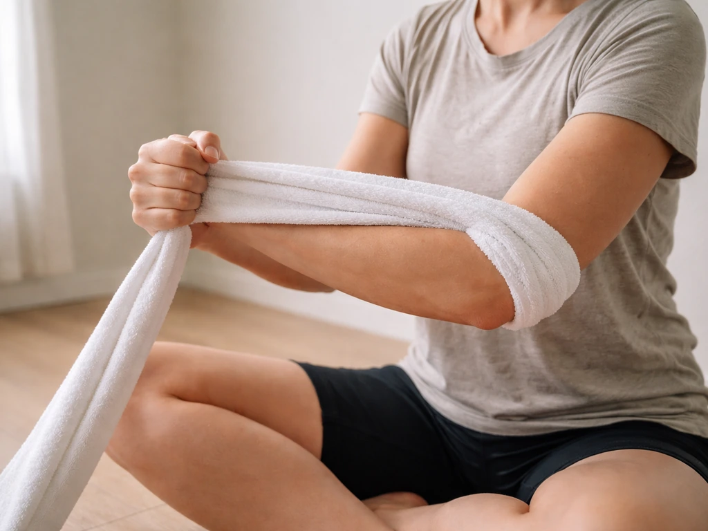 Anonymous adult holding a towel-assisted isometric rehab contraction in a stable, minimal home setting.