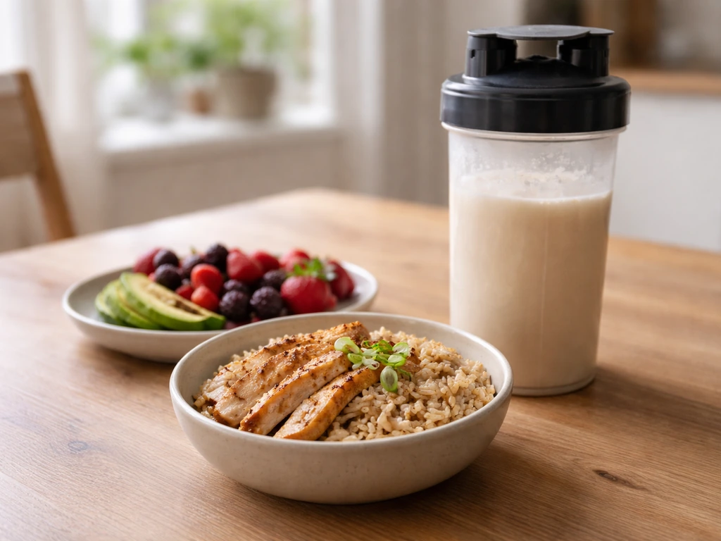 Post-session recovery meal in a bowl with a protein shaker jug beside it on a simple table.