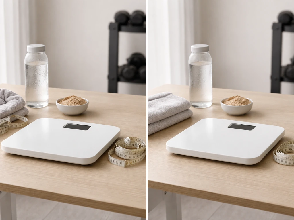 Minimal desk before/after still life with scale and tape measure subtly indicating lean and recovery changes.
