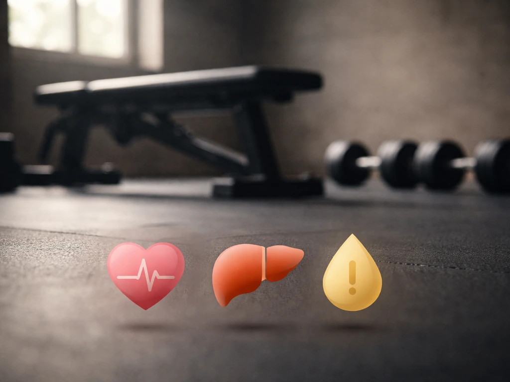 Gym background with medical risk icons overlaid to suggest health tradeoffs from steroid use.