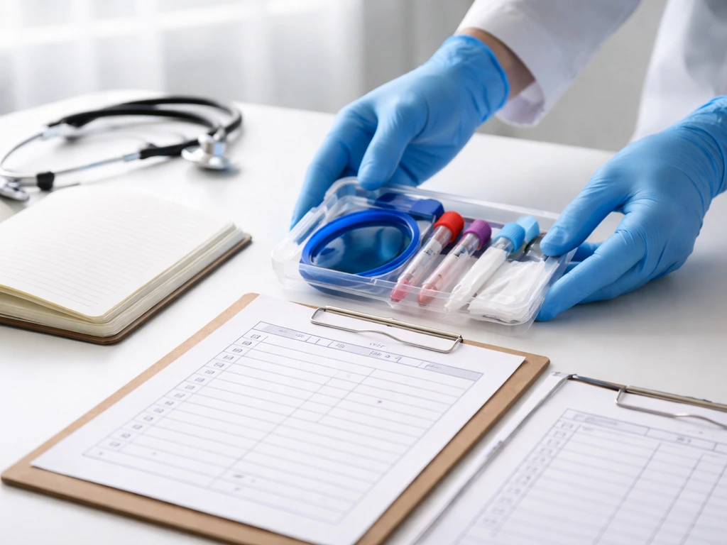 Clinician consult desk with blood draw supplies and a checklist-style lab request page, emphasizing medical guidance.