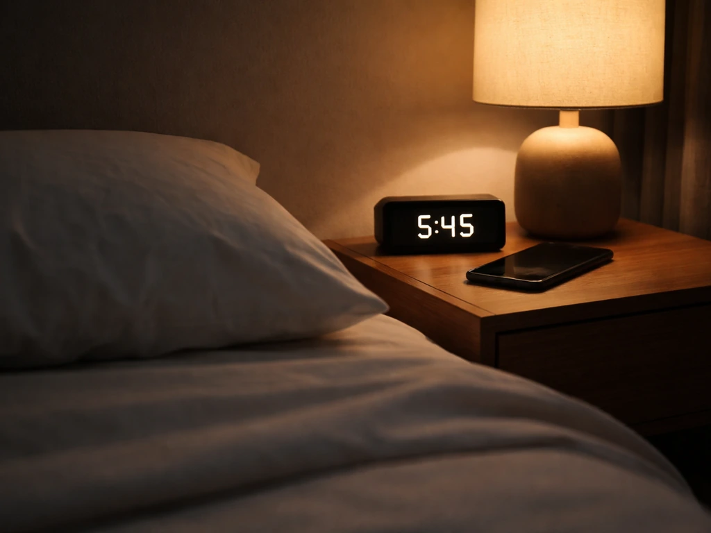 Dim alarm clock and a dark smartphone on a bedside table in a quiet, minimal bedroom at night.