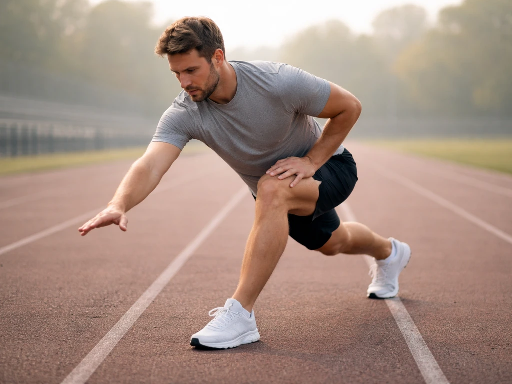 Athlete performing a simple mobility warmup on a track before lifting