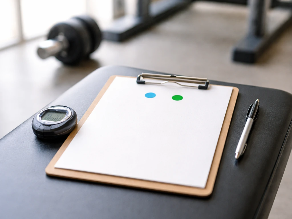 Stopwatch and two colored session markers on a gym bench, showing a twice-weekly workout schedule concept.