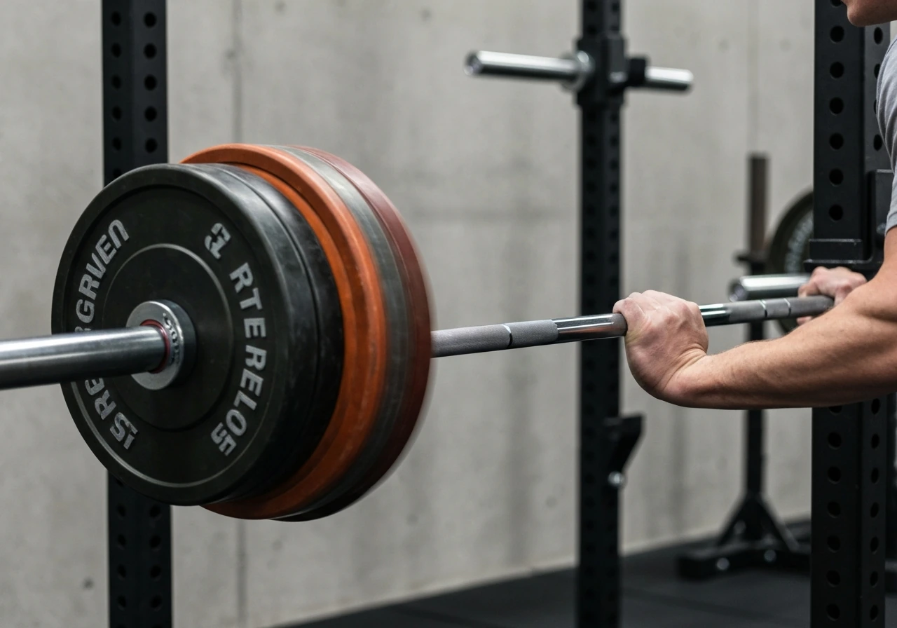 Anonymous lifter’s hands gripping a barbell during a slow eccentric rep in a quiet gym.