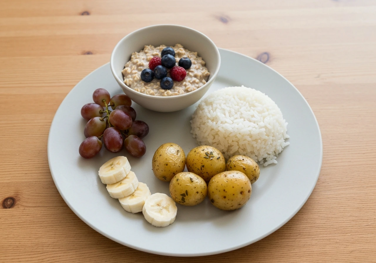 Minimal training plate with oats, rice, roasted potatoes, and fruit under natural light.