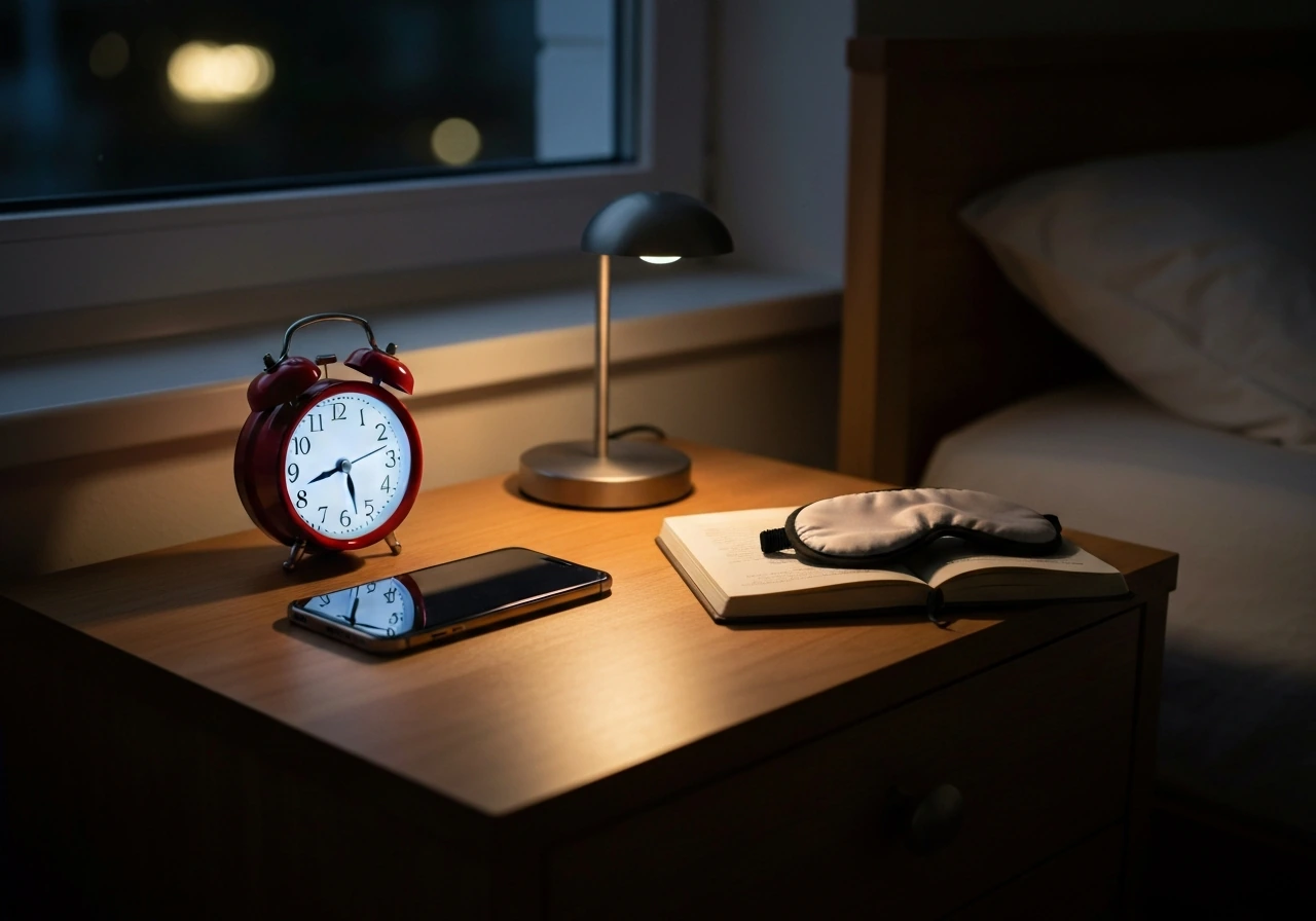 Nightstand with alarm clock, smartphone set aside, and eye mask beside a closed journal.
