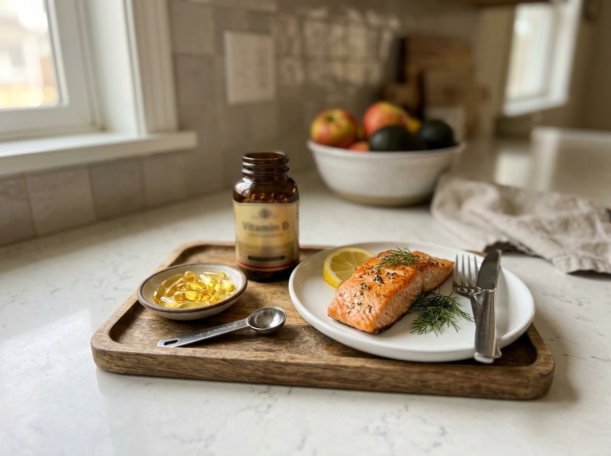 Omega-3 capsules and vitamin D supplements beside fatty fish and eggs.