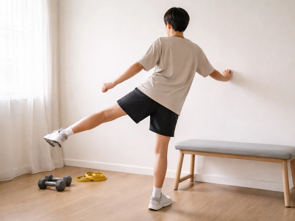 Teen doing dynamic leg swings in a minimal gym/home setup before resistance training.