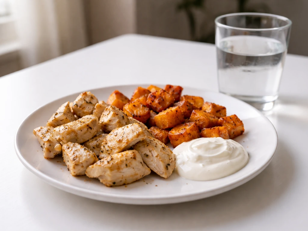 Minimal meal prep on a table: protein dish with a carb side and a glass of water
