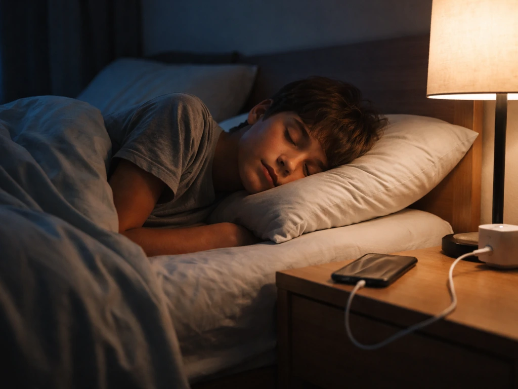 Teen asleep in bed at night with a phone charging on a nightstand to suggest healthy sleep