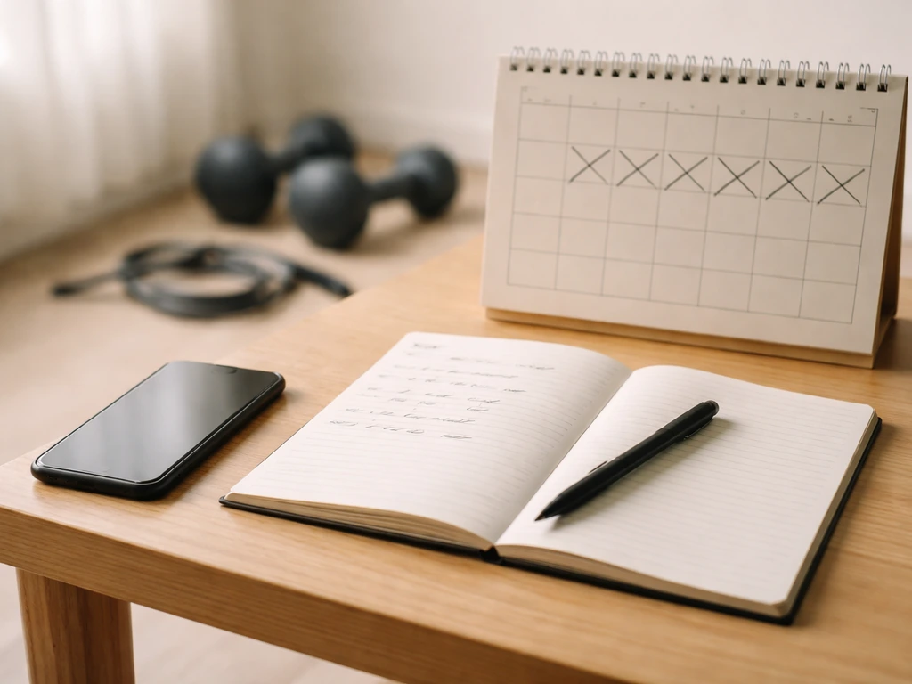 Minimal desk scene with a notebook and pen used to track workout progress near dumbbells