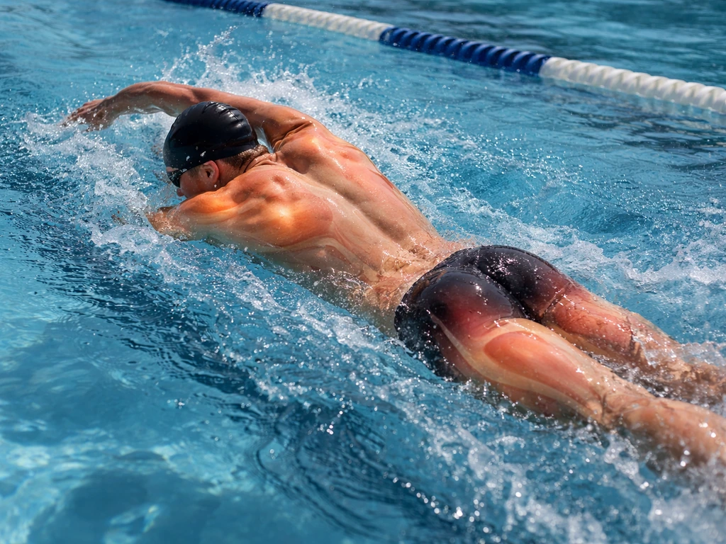 Freestyle swimmer in a pool with subtle transparent muscle highlights on lats, shoulders, core, legs and calves.