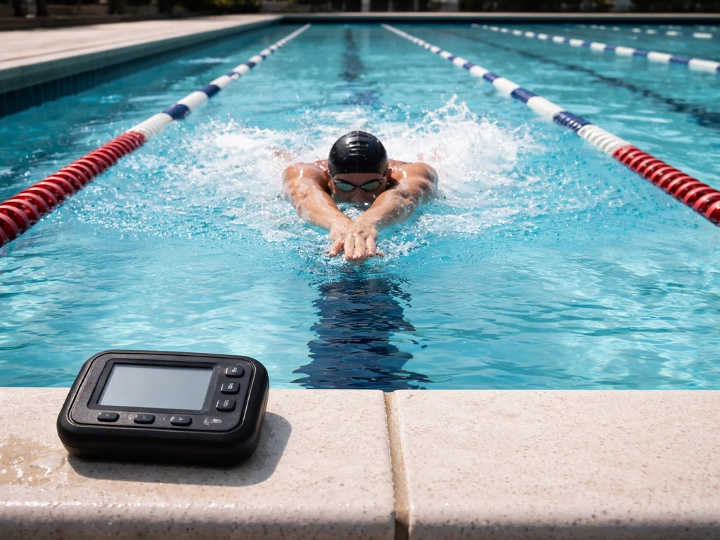 Swimmer in a lane performing hard interval repeats with a waterproof stopwatch marker nearby.