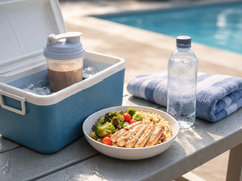 Post-swim recovery scene with protein shake, water bottle, and meal on a bench beside a towel.