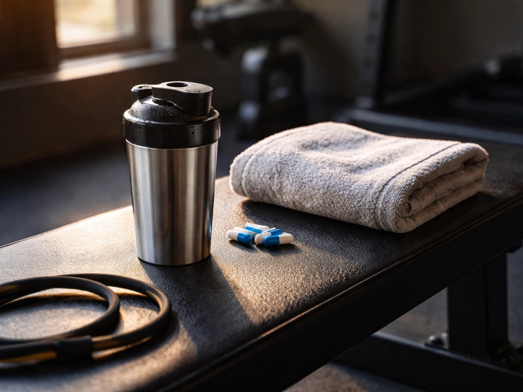 Minimal photo of a gym bench beside a shaker and post-workout towel, with soft sunlight suggesting muscle recovery