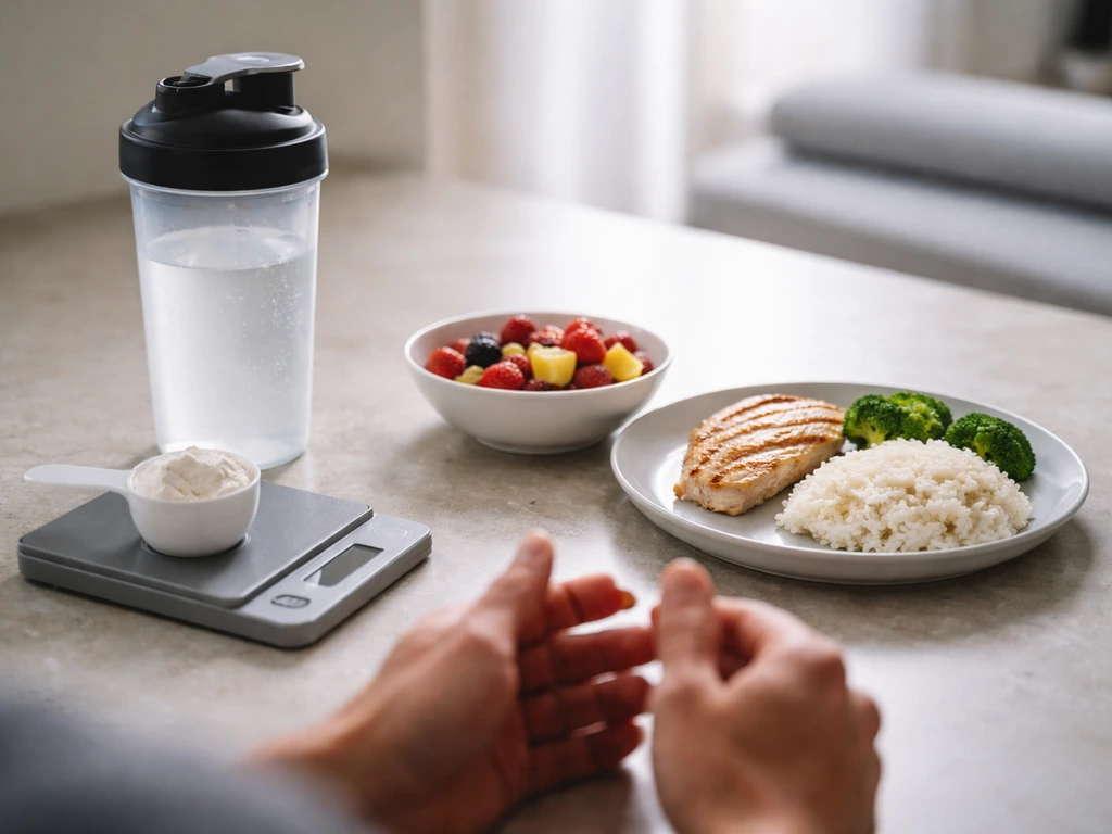 Minimal workout counter scene with a shaker and a plate staged for before/during/after dosing context.