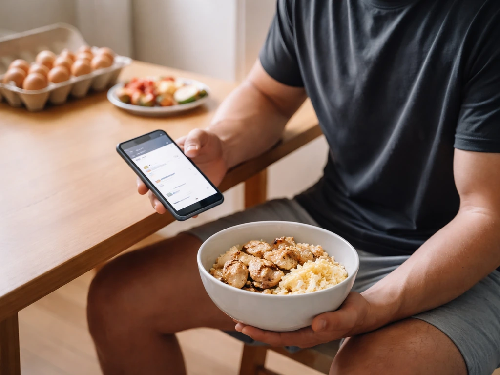 Beginner lifter in a kitchen checking a phone meal plan while holding a protein-rich bowl of chicken and eggs